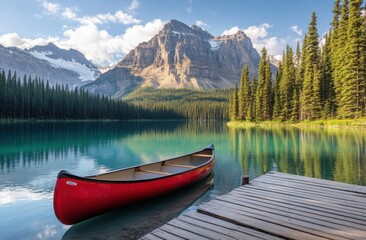 Serene Mountain Lake with Snow-Capped Peaks and a Red Canoe