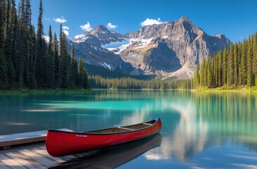 Serene Mountain Lake with Snow-Capped Peaks and a Red Canoe