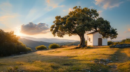 Beautiful panoramic view of a small church with trees.