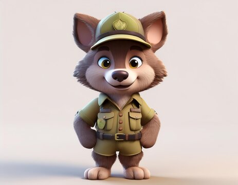 3D friendly wolf in a ranger uniform stands at attention