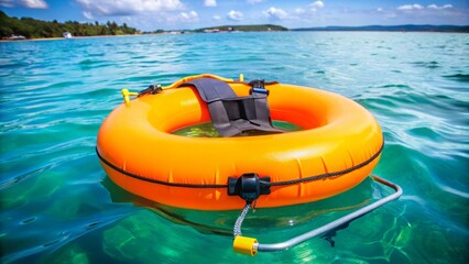 Fototapeta premium A buoyant device with grippy handles and stabilizing straps, designed to keep a person afloat in water with ease.