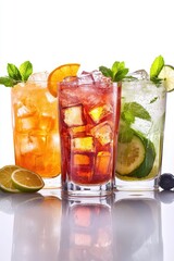 Refreshing Assorted Summer Cocktails with Ice, Citrus Fruits, and Mint Leaves on White Background