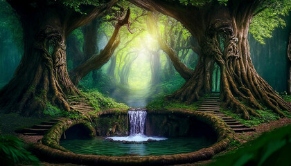 Natural water source texture and fascinating views in the mystical forest with centuries-old trees