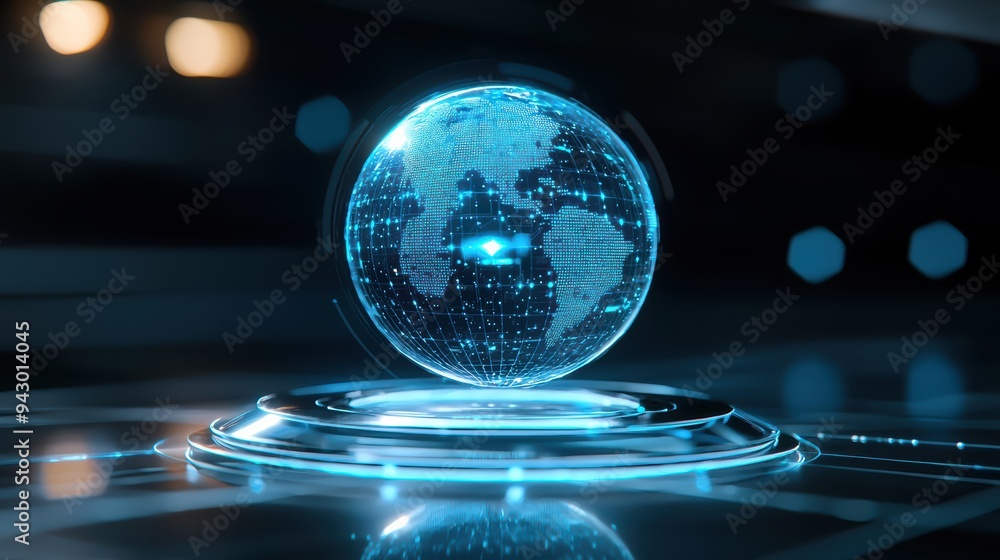 Poster a glowing holographic globe representing digital world, showcasing interconnected data points and fu