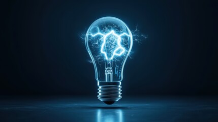 A glowing light bulb emits electric energy, symbolizing innovation and creativity. vibrant blue sparks create dynamic and inspiring atmosphere. 