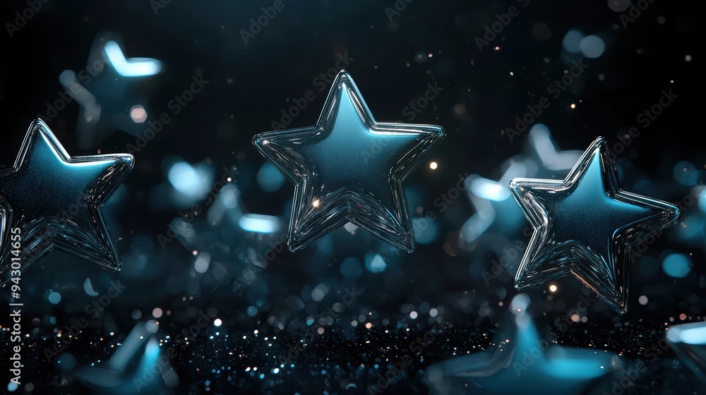 Poster shimmering glass stars float in dark, sparkling background, creating magical and enchanting atmosphe