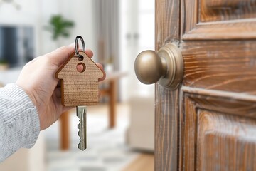 House Keys. Keys from new house and blurred cardboard boxes during relocation. Open entrance door, house shaped keychain. Keyring in the lock of door. Real estate, agent, insurance, property concept