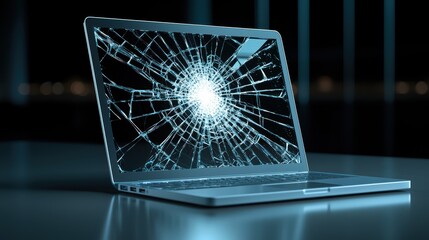 A broken laptop screen with spiderweb crack pattern, conveying sense of damage and loss. 