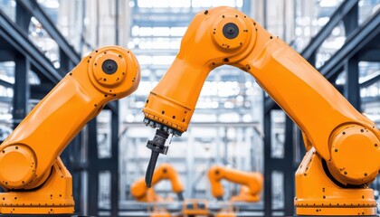 Dynamic industrial robots in an automated warehouse, showcasing advanced technology and precision in manufacturing.