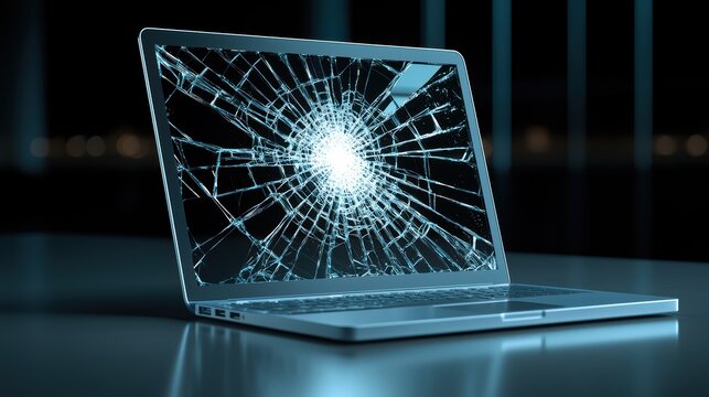 A broken laptop screen with spiderweb crack pattern, conveying sense of damage and loss. 