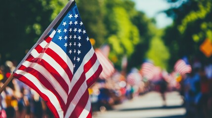 American Flag in Front of Blurred Crowd