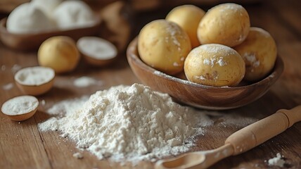 Fototapeta premium bowl of fine potato flour surrounded by fresh, unpeeled potatoes on a wooden surface.