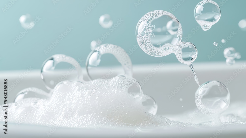Poster bubbles float above layer of foam, creating refreshing and clean atmosphere. image evokes sense of r