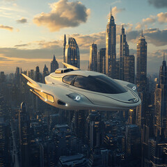 A futuristic flying car hovering above a city skyline.