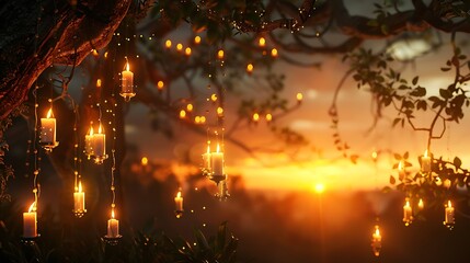 Obraz premium Warm light emanates from candles suspended from a tree during sunset