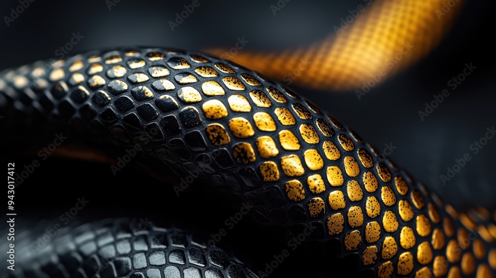 Poster shiny black and gold snake scales create striking visual contrast, showcasing intricate patterns and