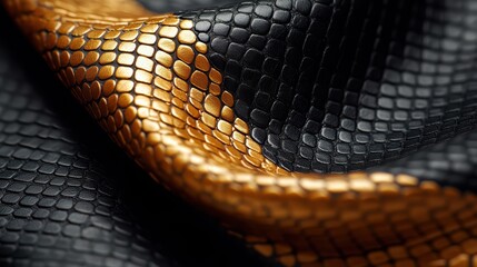 Luxurious black and gold textured leather fabric with glossy finish, showcasing intricate patterns and rich color contrast. 