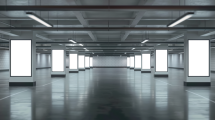 A large empty parking garage with many white signs hanging from the ceiling Mockups, Transparent PNG