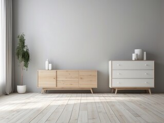 Two wooden cabinets against a grey wall with a plant in the corner