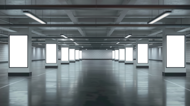 A large empty parking garage with many white signs hanging from the ceiling Mockups, Transparent PNG