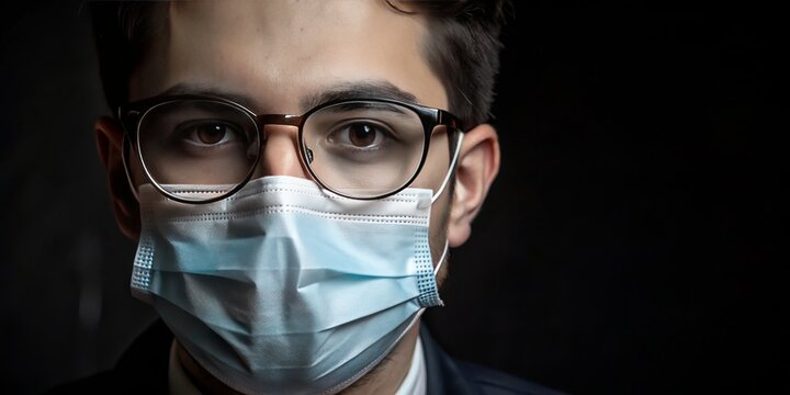 A person wearing corrective eyeglasses to improve their vision and a face mask to safeguard against viruses and pollution outdoors.