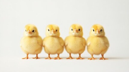 Fototapeta premium Four fluffy yellow chicks standing in a row on a white background