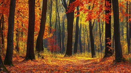 Fototapeta premium A panoramic view of a vibrant autumn forest with colorful foliage, offering ample space for text. Great for seasonal promotions or outdoor activities.