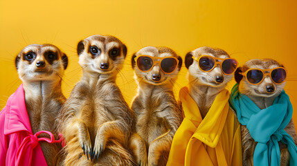 Fototapeta premium Group of colorful meerkats standing together on alert, dressed in vibrant outfits, representing unity, teamwork, and the playful nature of these social animals