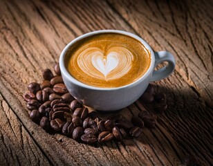 Cup of coffee latte with heart shape and coffee beans on old wooden background. ai generated