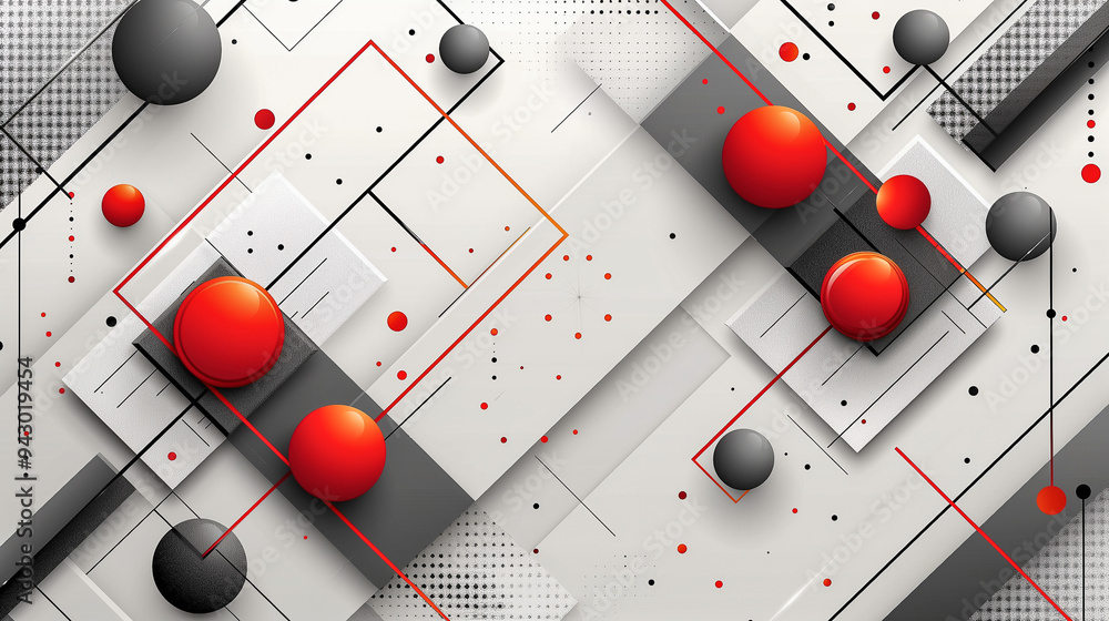 Poster abstract geometric design with red and black spheres..