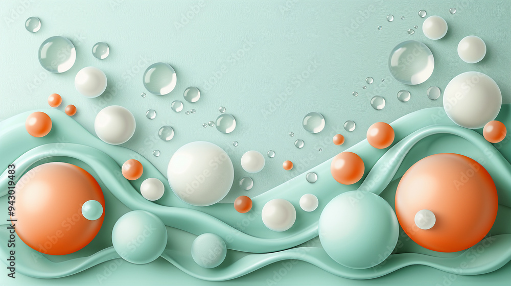 Poster abstract 3d composition with spheres and wavy lines..