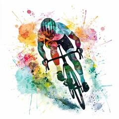 A watercolor painting shows a cyclist biking, highlighted by dynamic and lively splashes of color on a white background.