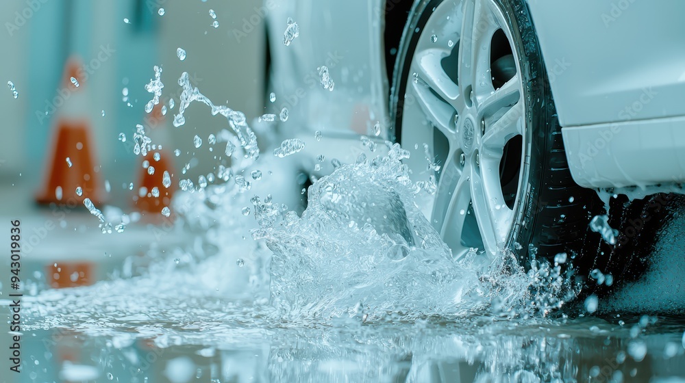 Poster a car splashes through puddle, creating dynamic water droplets and showcasing motion of driving in w