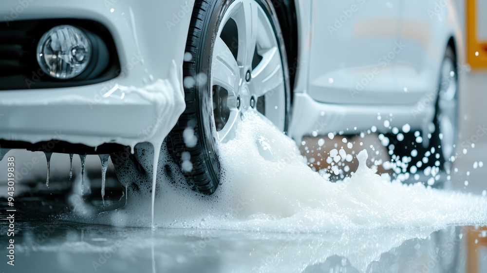 Poster a close up view of car wheel being washed, with soap and water splashing around, creating clean and 