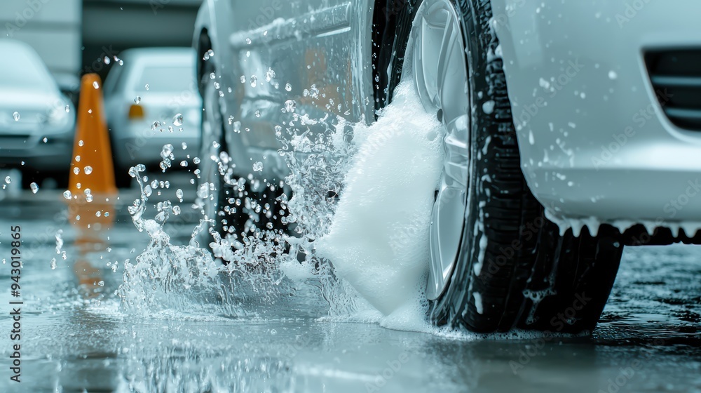 Poster a car tire splashes through soapy water, creating dynamic scene of movement and energy. image captur