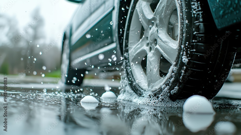 Poster a close up view of car tire splashing through soapy water, creating dynamic scene filled with bubble