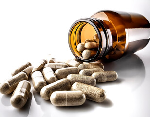 Medicines such as pills and tablets. Magnesium supplements falling from a glass bottle on a white background.