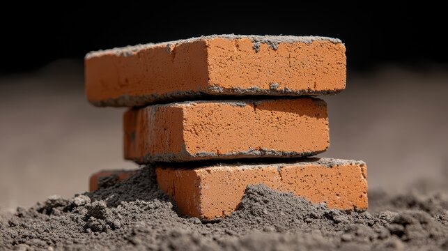 Stacked orange bricks resting on bed of gray sand, showcasing their texture and color. image conveys sense of construction and stability. 