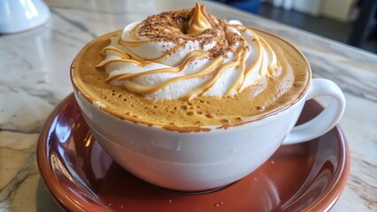 A swirl of creamy foam crowns a cup of warm, aromatic coffee, its velvety texture inviting the senses.