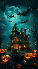 Fototapeta premium Spooky haunted house with full moon, bats, and pumpkins