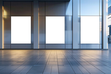 A large empty room with three windows and three blank signs Mockups, Transparent PNG