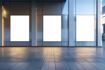 A large empty room with three windows and three blank signs Mockups, Transparent PNG