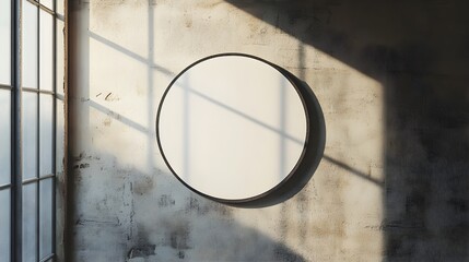 White circular sign board with blank white screen mock-up and advertisement concept affixed to the building's wall.