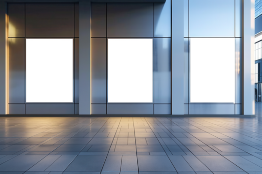 A large empty room with three windows and three blank signs Mockups, Transparent PNG - Powered by Adobe