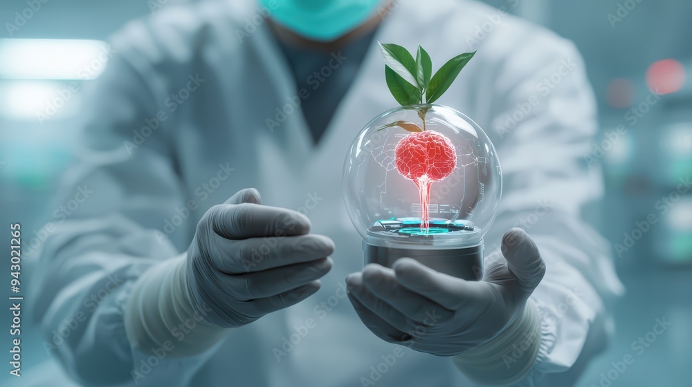 Poster a scientist in lab coat holds glowing orb with brain and plant, symbolizing innovation and growth. e
