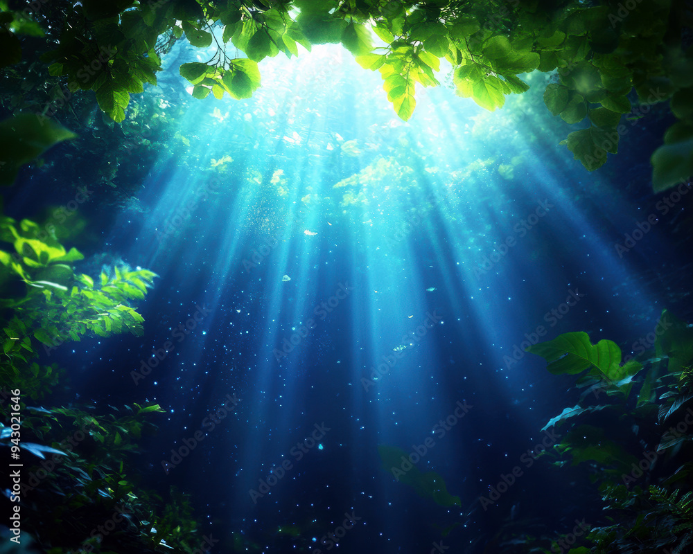 Aufkleber a serene underwater scene illuminated by ethereal rays of light filtering through lush greenery, cre