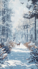 Winter forest path with a deer and snow-covered trees
