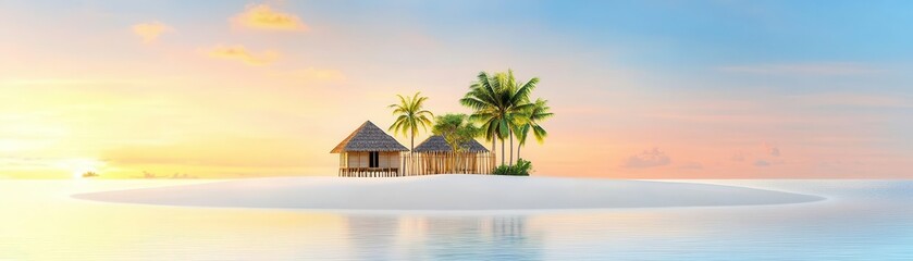 Fototapeta premium A tropical island with flat sand beaches, outlined by a delicate bamboo framework supporting small huts, Minimalist, Warm sunset, Soft focus, Illustration