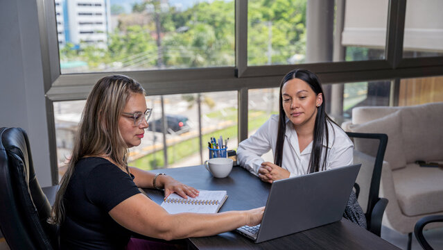 Two Latin Hispanic female lawyers working with a laptop