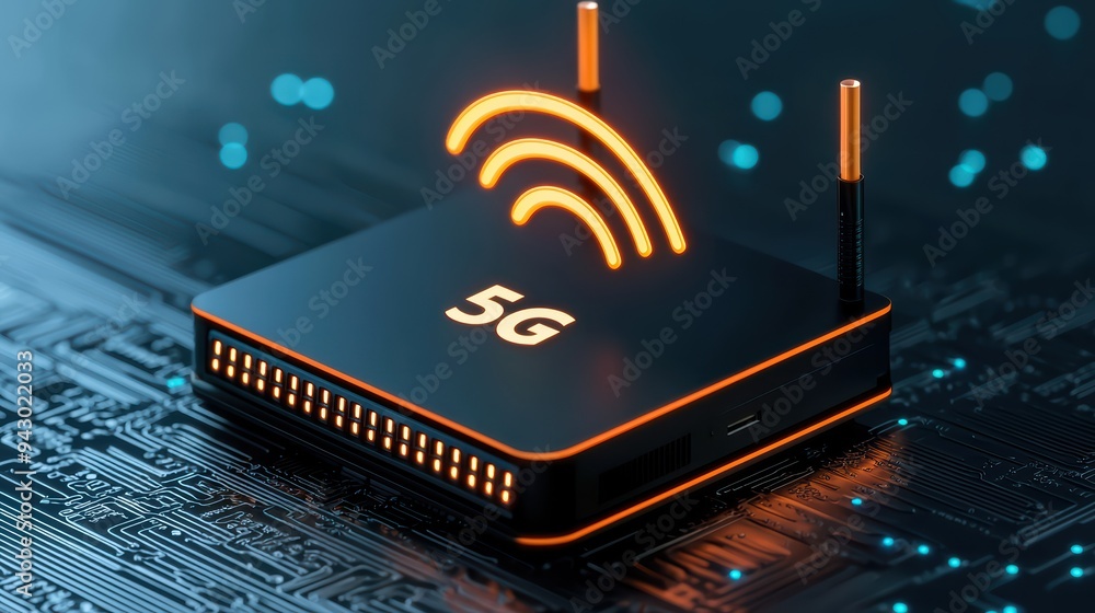 Poster 5g router with glowing signal icon on circuit board background, symbolizing advanced technology and 